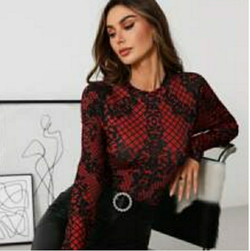 SHEIN Women's Vibrant Red and Black Long Sleeve Top
